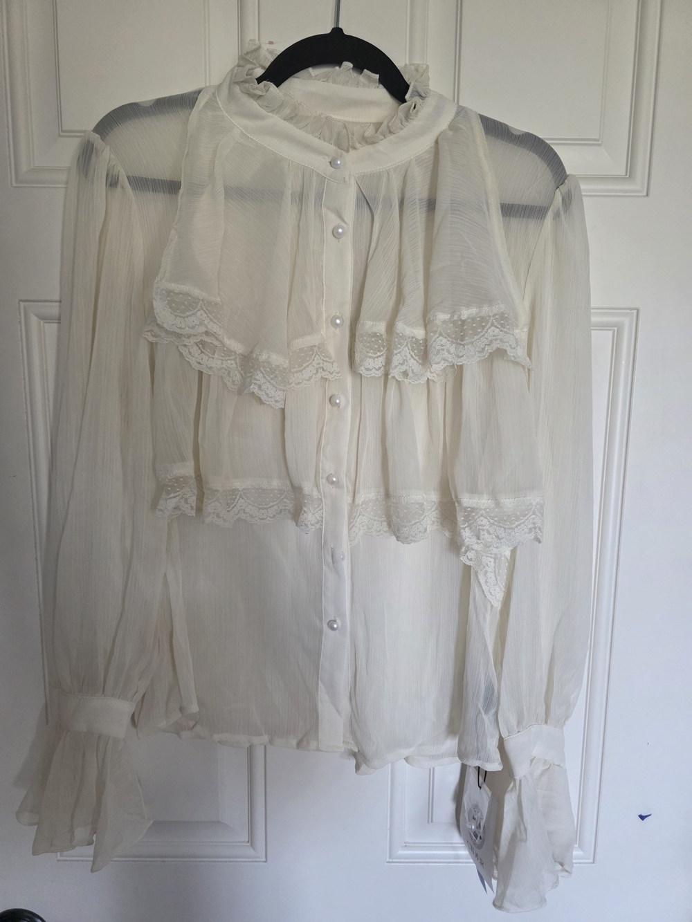 Cider Sheer Ruffle Lace-Trim Blouse - Cream